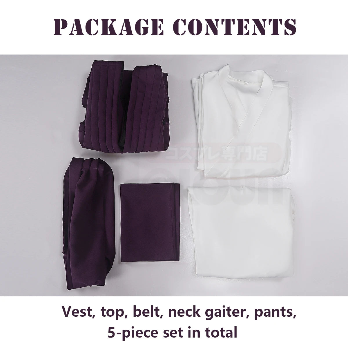 Ensemble cosplay 5 pièces : gilet violet, haut blanc, ceinture, protège-cou et pantalon.