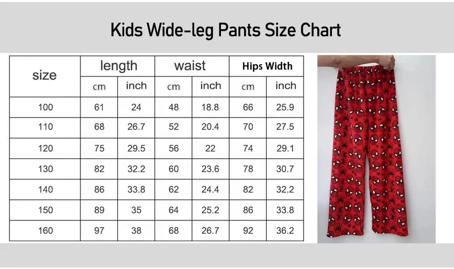 Tableau des tailles enfant pour pantalon ample : 100 à 160 (longueur, taille, hanches)