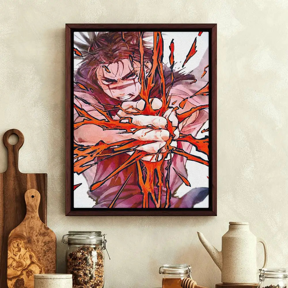 Poster Jujutsu Kaisen Choso Technique Fond Blanc : affiche encadrée Choso aux éclats d’énergie orange et rouges sur fond clair
