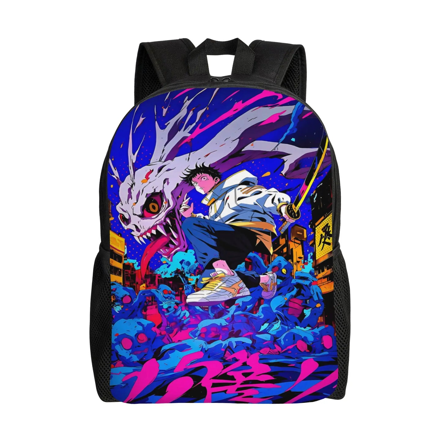 Sac à dos avec bretelles noires et grande poche avant, imprimé art multicolore.