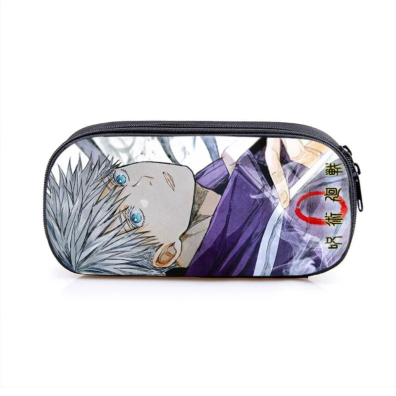 Trousse à fermeture éclair motif anime bleu et violet, visage imprimé