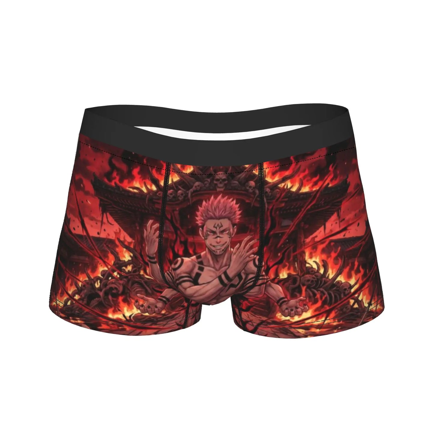 Boxer noir à imprimé rouge et flammes, personnage au centre, ceinture élastique noire.