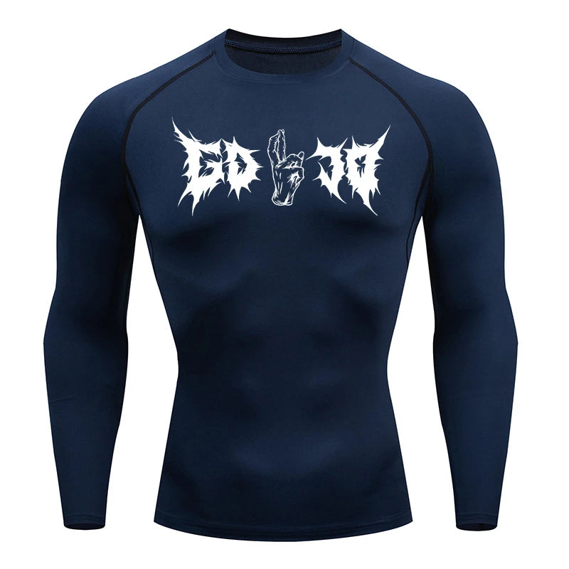 T-shirt compressif bleu marine manches longues, imprimé graphique clair au buste.