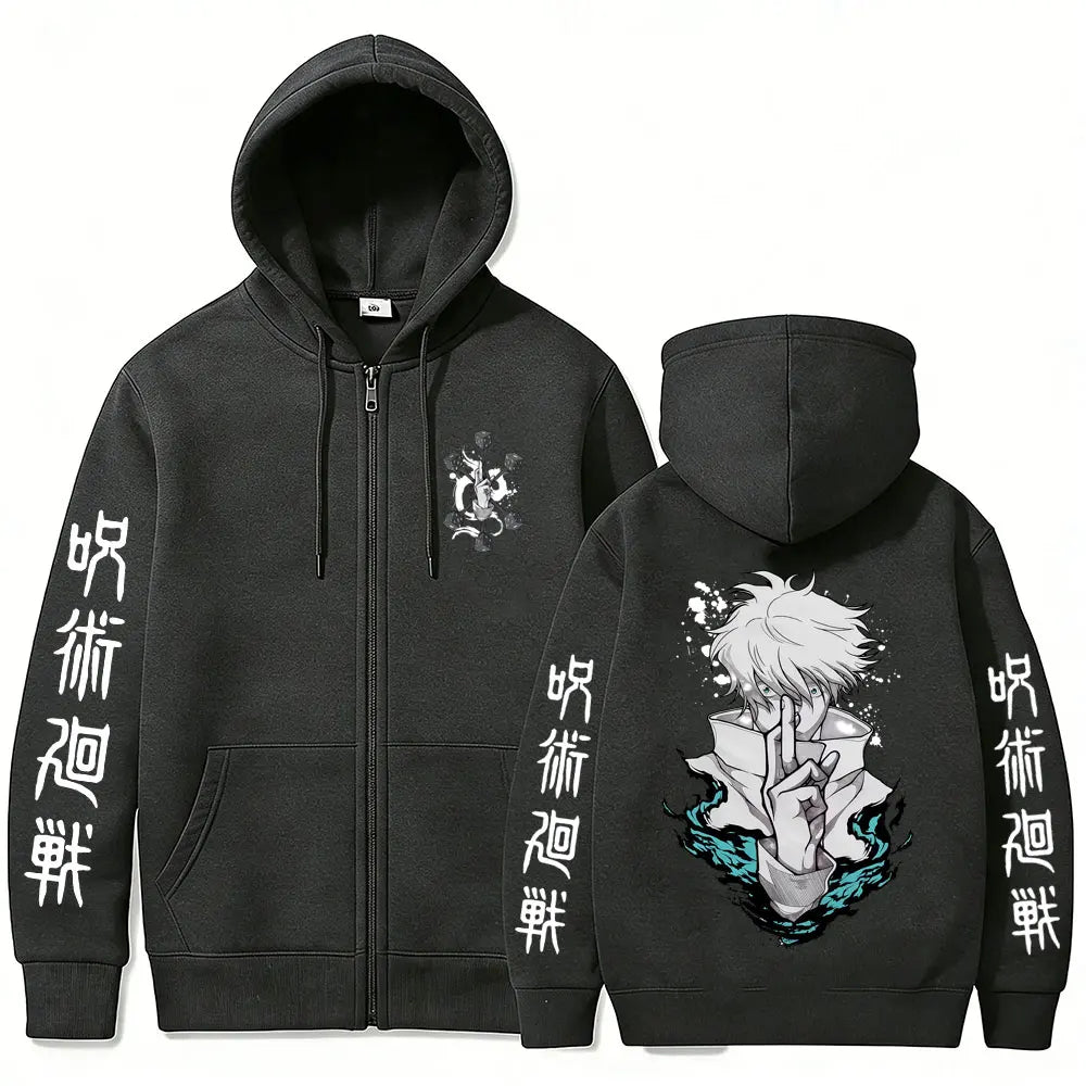 Gilet zippé à capuche gris foncé, impression personnage et caractères sur manches