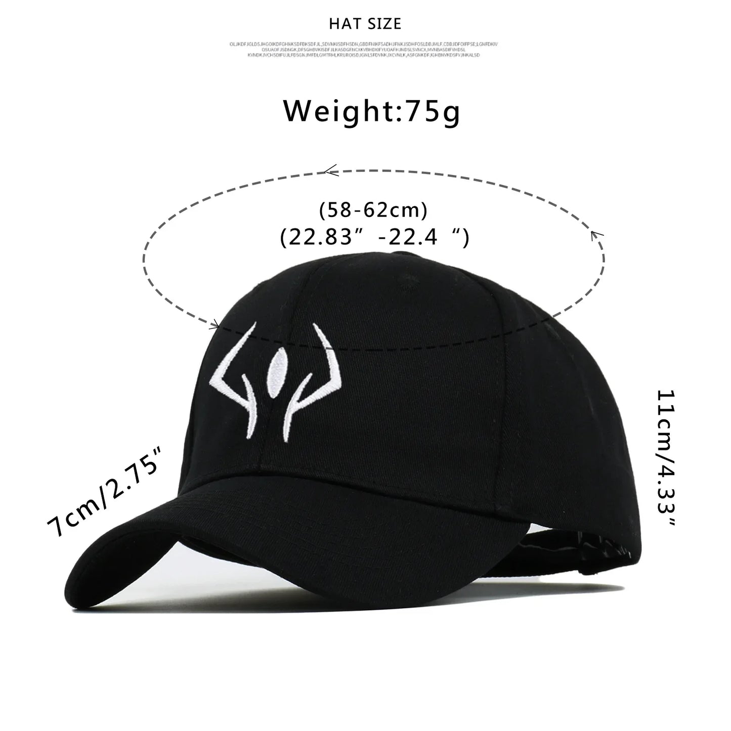Casquette noire motif blanc; tour de tête 58–62 cm et poids 75 g.