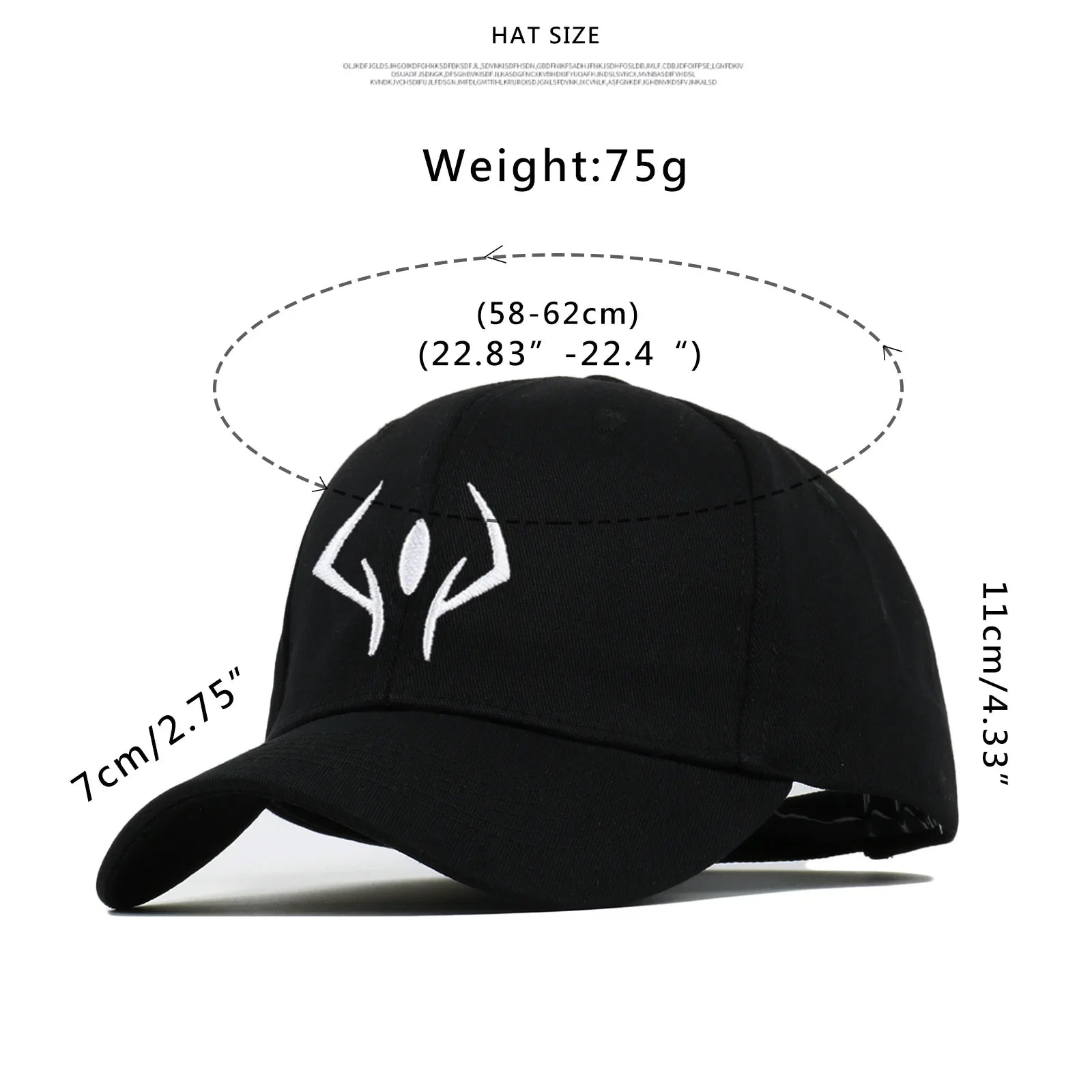 Casquette noire motif blanc; tour de tête 58–62 cm et poids 75 g.