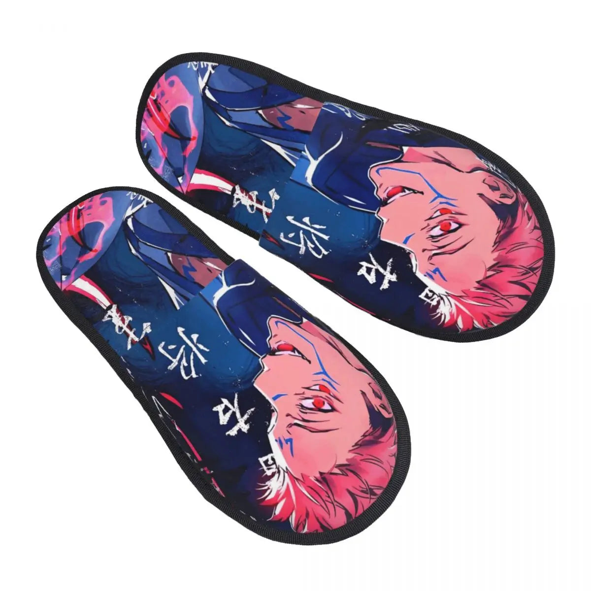 Chaussons Jujutsu Kaisen bleu foncé avec visage Sukuna rose, semelles imprimées
