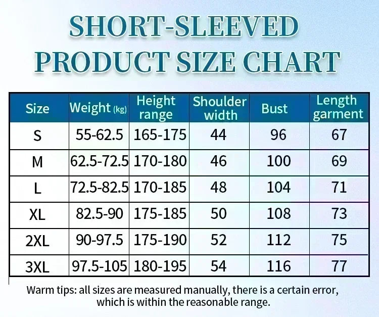 Tableau des tailles t-shirts manches courtes : S à 4XL, poids et hauteur