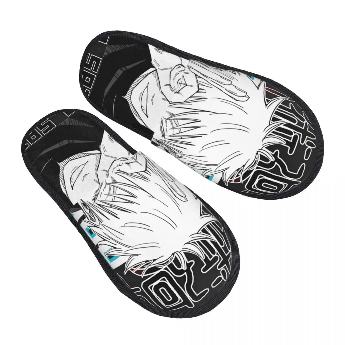 Chaussons noirs à imprimé manga blanc, motif Kanji sur la semelle.