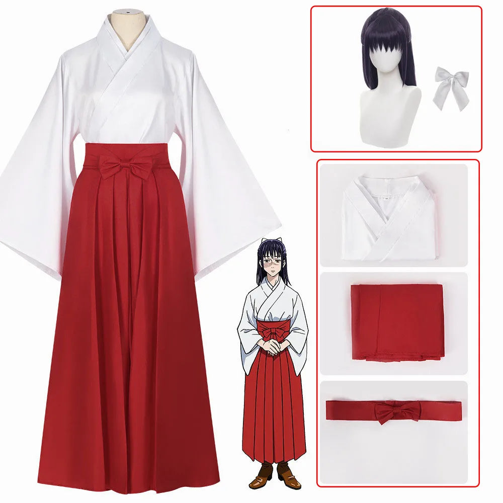 Ensemble de cosplay complet : kimono blanc, jupe rouge plissée, perruque et accessoires inclus.