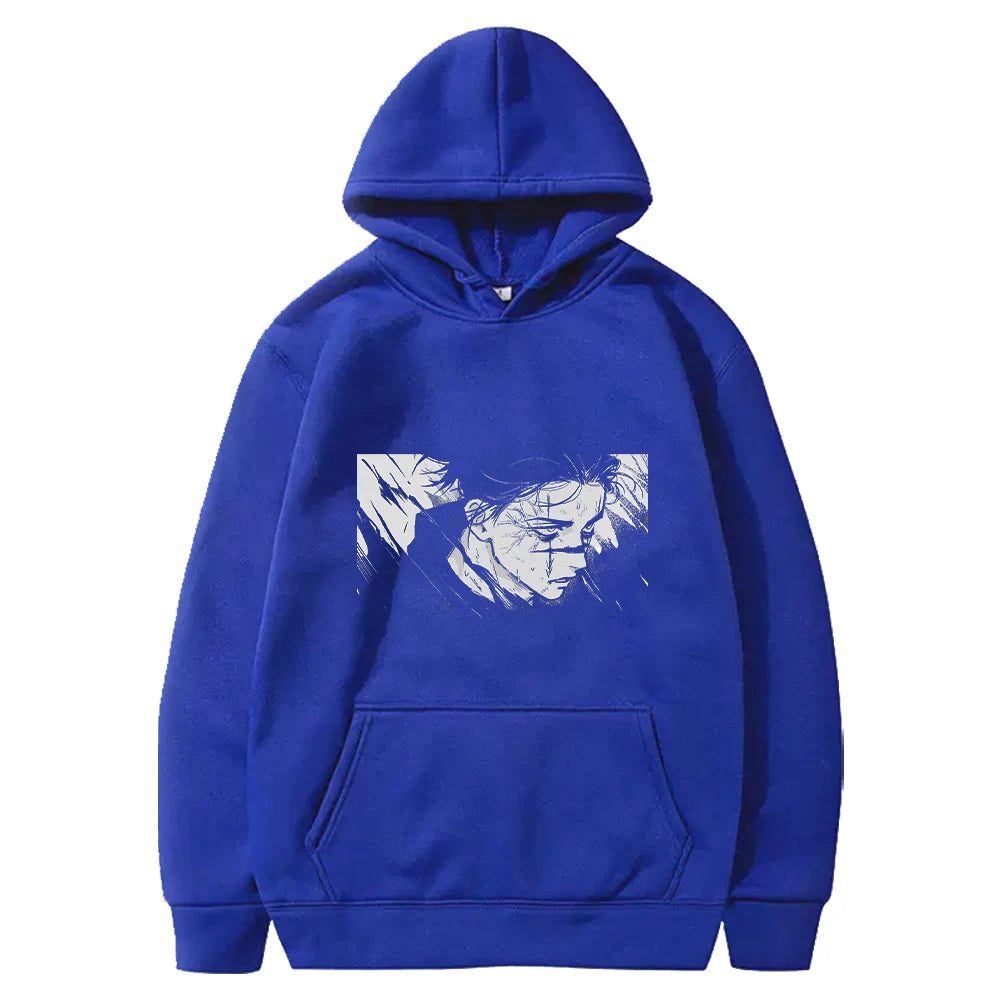 Sweat à capuche bleu Jujutsu Kaisen Choso, portrait imprimé devant, poche kangourou.