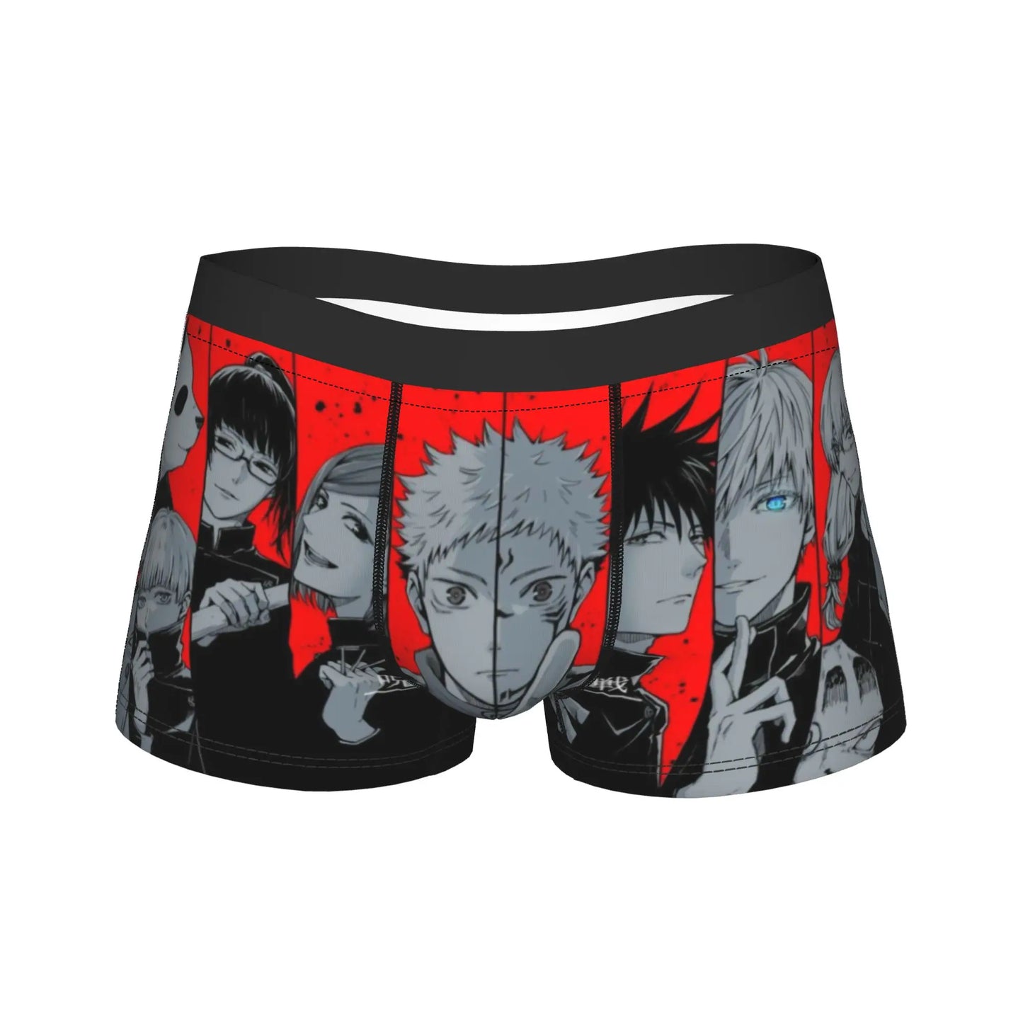 Boxer Jujutsu Kaisen noir et rouge, imprimé visages manga sur l’avant