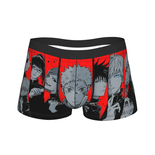 Boxer Jujutsu Kaisen noir et rouge, imprimé visages manga sur l’avant