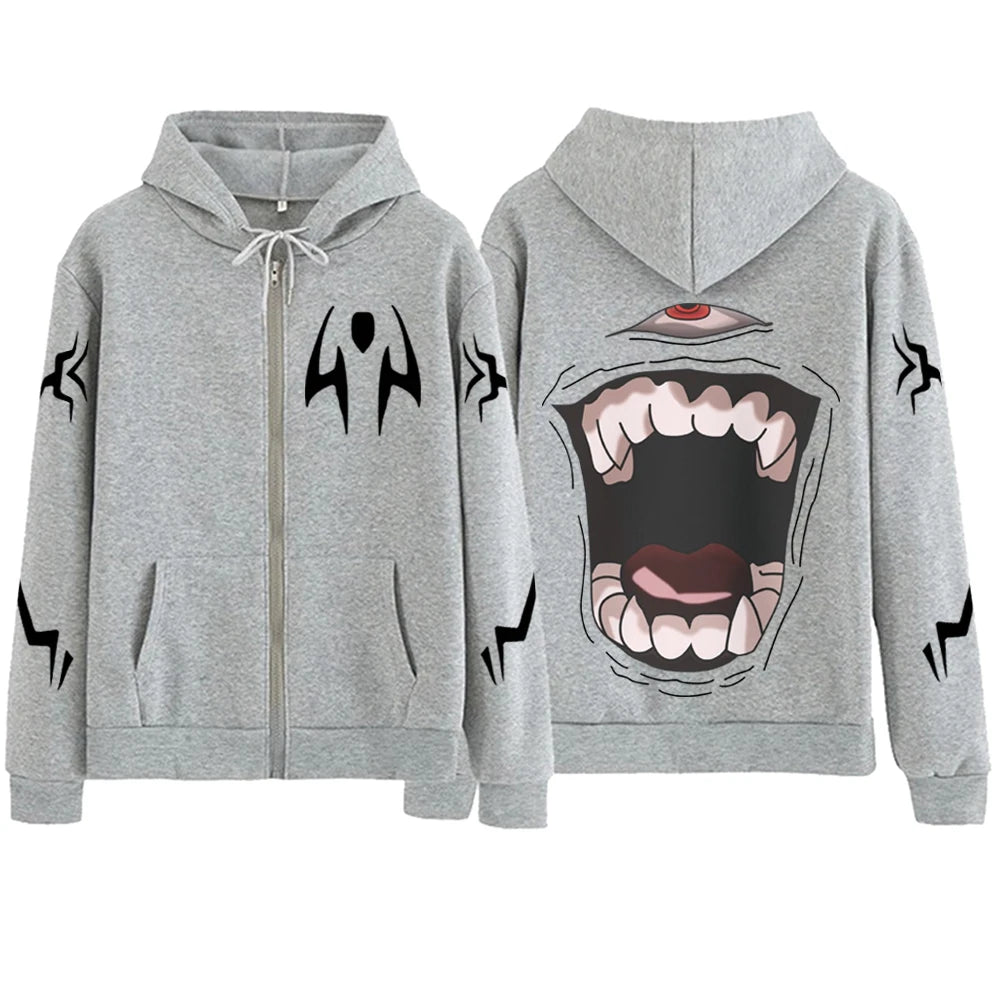 Veste à capuche zippée grise, motifs manga imprimés sur le torse et les manches.