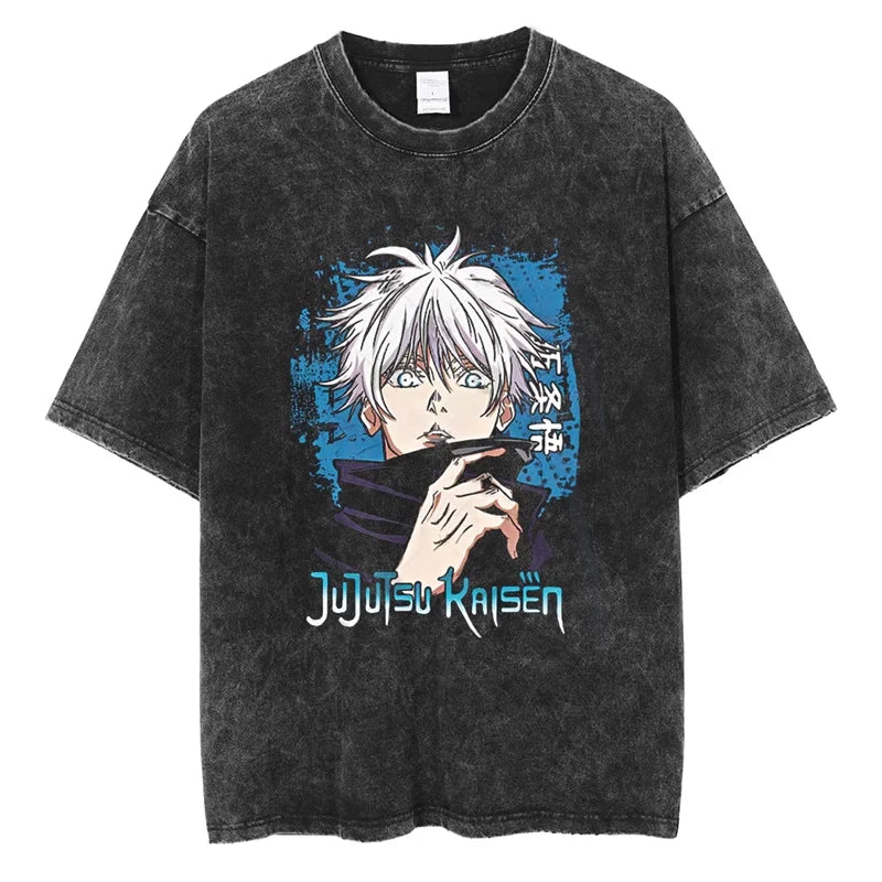 T-shirt Jujutsu Kaisen Gojo Col Relevé Bleu : noir à col rond, imprimé Gojo Kaisen bleu au centre