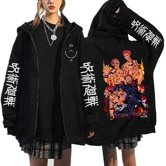 Chaqueta con capucha negra con estampado gráfico de Jujutsu y cierre de cremallera
