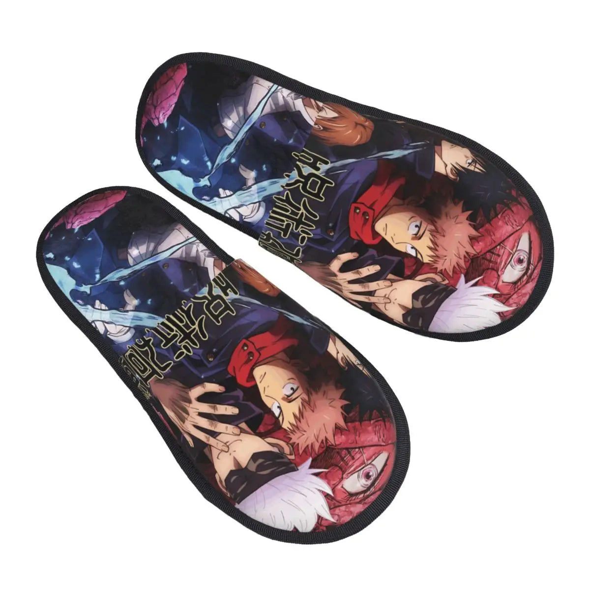 Paire de chaussons noirs imprimés anime, doublure sombre.