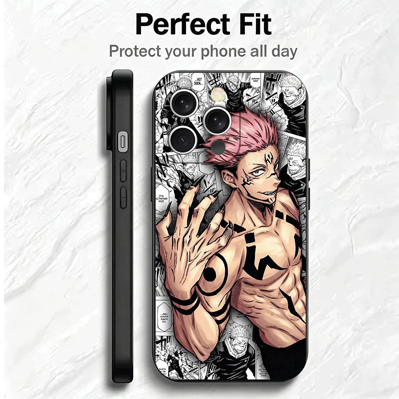 Coque iPhone Ryomen Sukuna, visuel manga buste rose et noir, avec caméra en relief