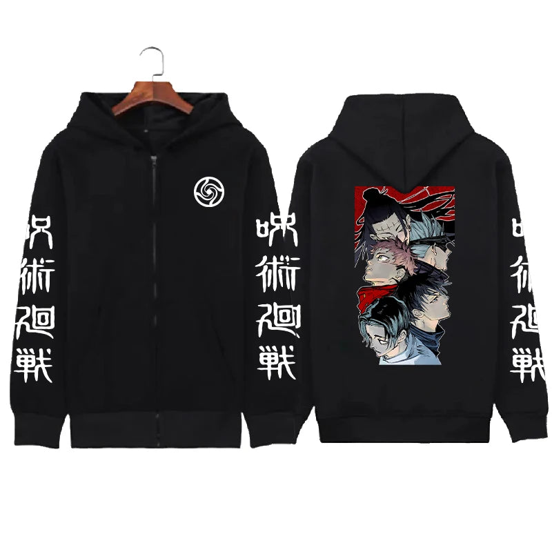 Veste à capuche zippée noire, imprimés graphiques au dos et sur les manches