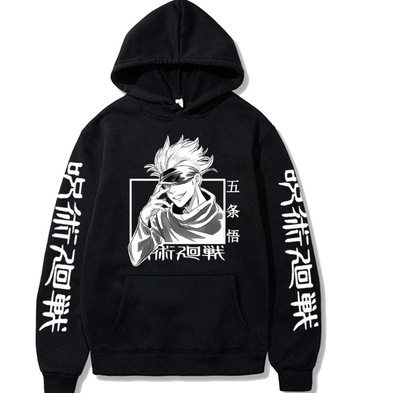 Black pullover hoodie with front character illustration, graphic text sleeves, and kangaroo pocket.