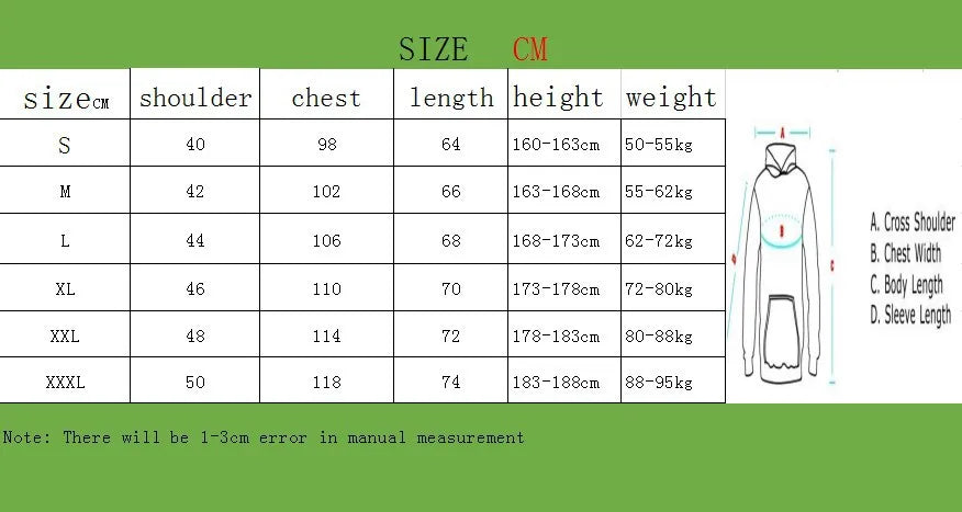 Tableau des tailles du pull : shoulder, chest, length, height, weight
