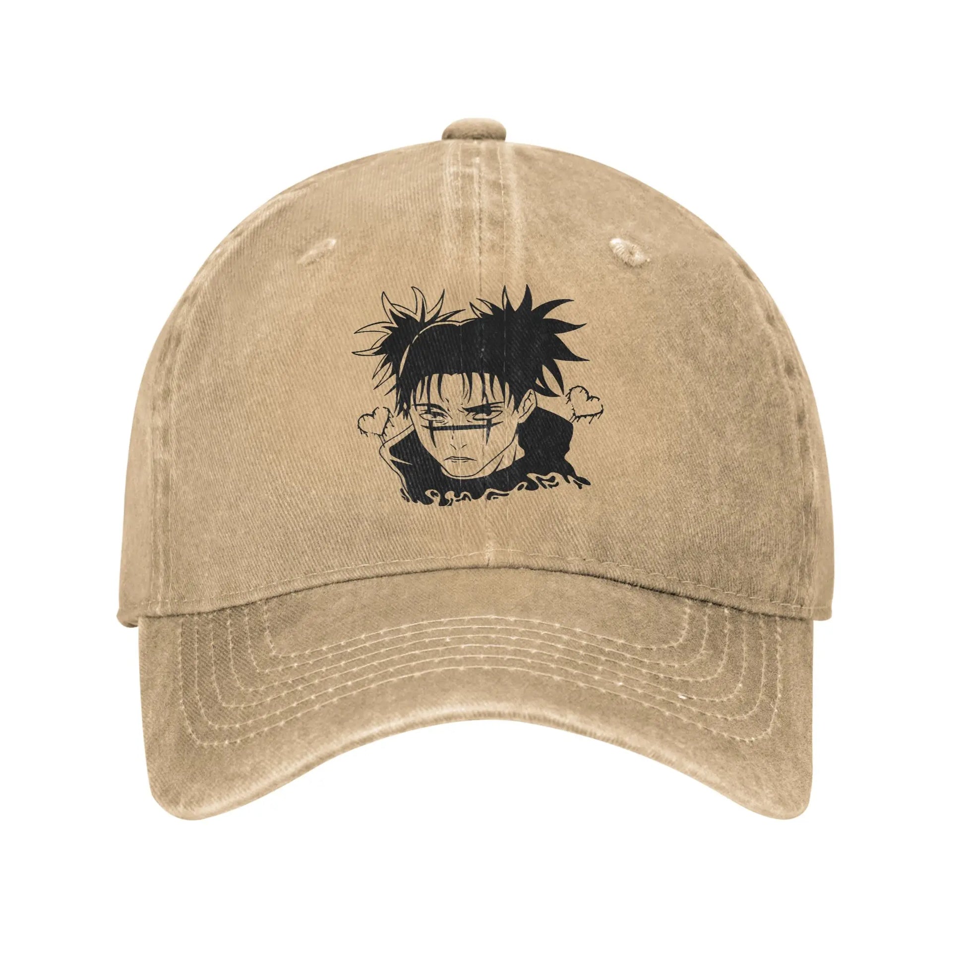 Casquette beige avec visuel noir de personnage sur le devant