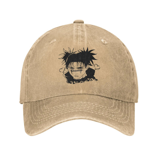 Casquette beige avec visuel noir de personnage sur le devant