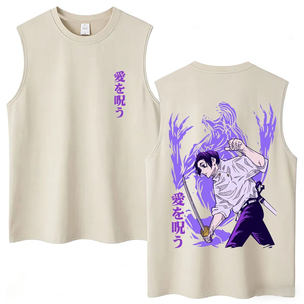 Débardeur Jujutsu Kaisen Yuta Katana Aura Violette : beige sans manches avec grand motif violet d’un personnage anime au dos
