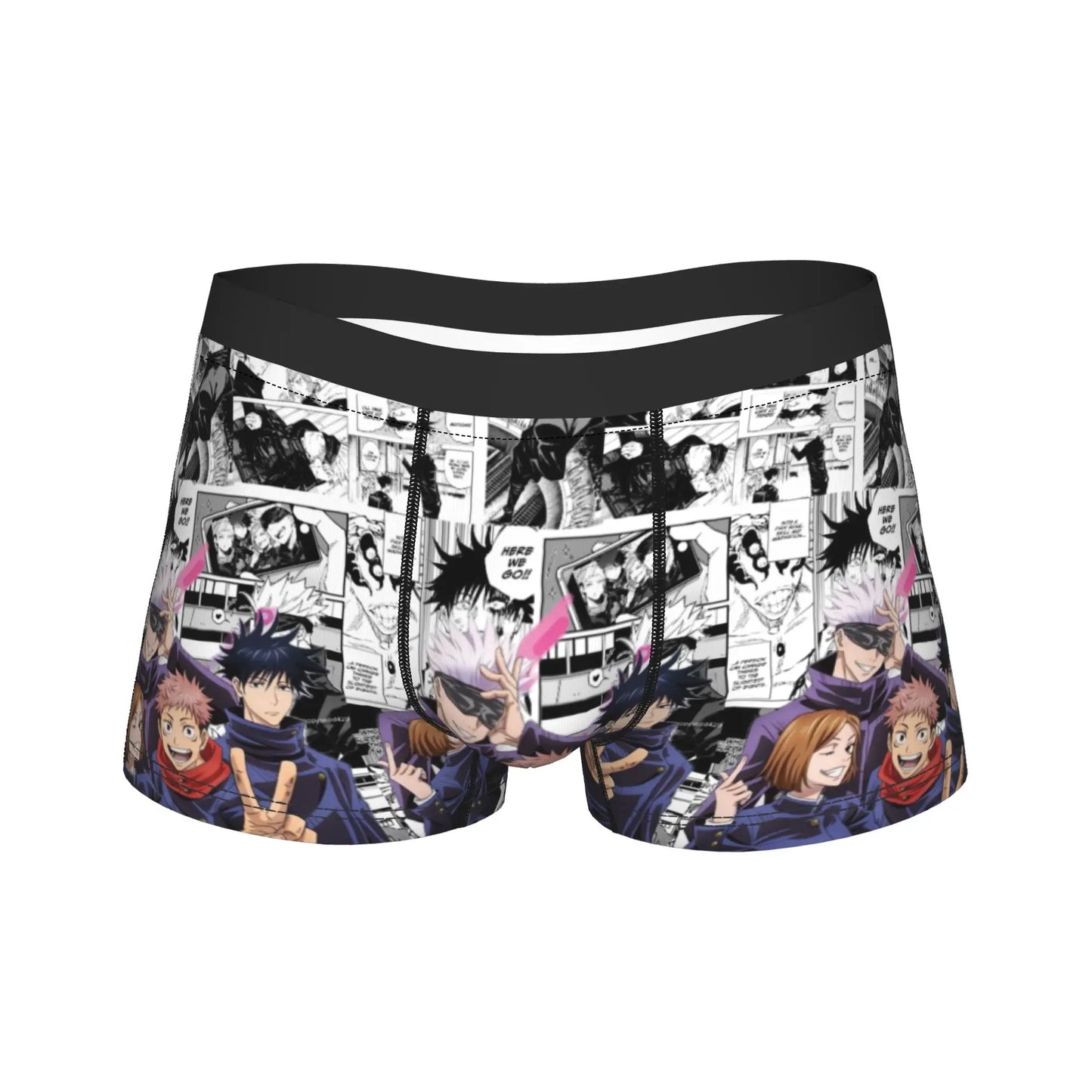Boxer court noir à imprimé manga, coupe près du corps, ceinture élastique noire.