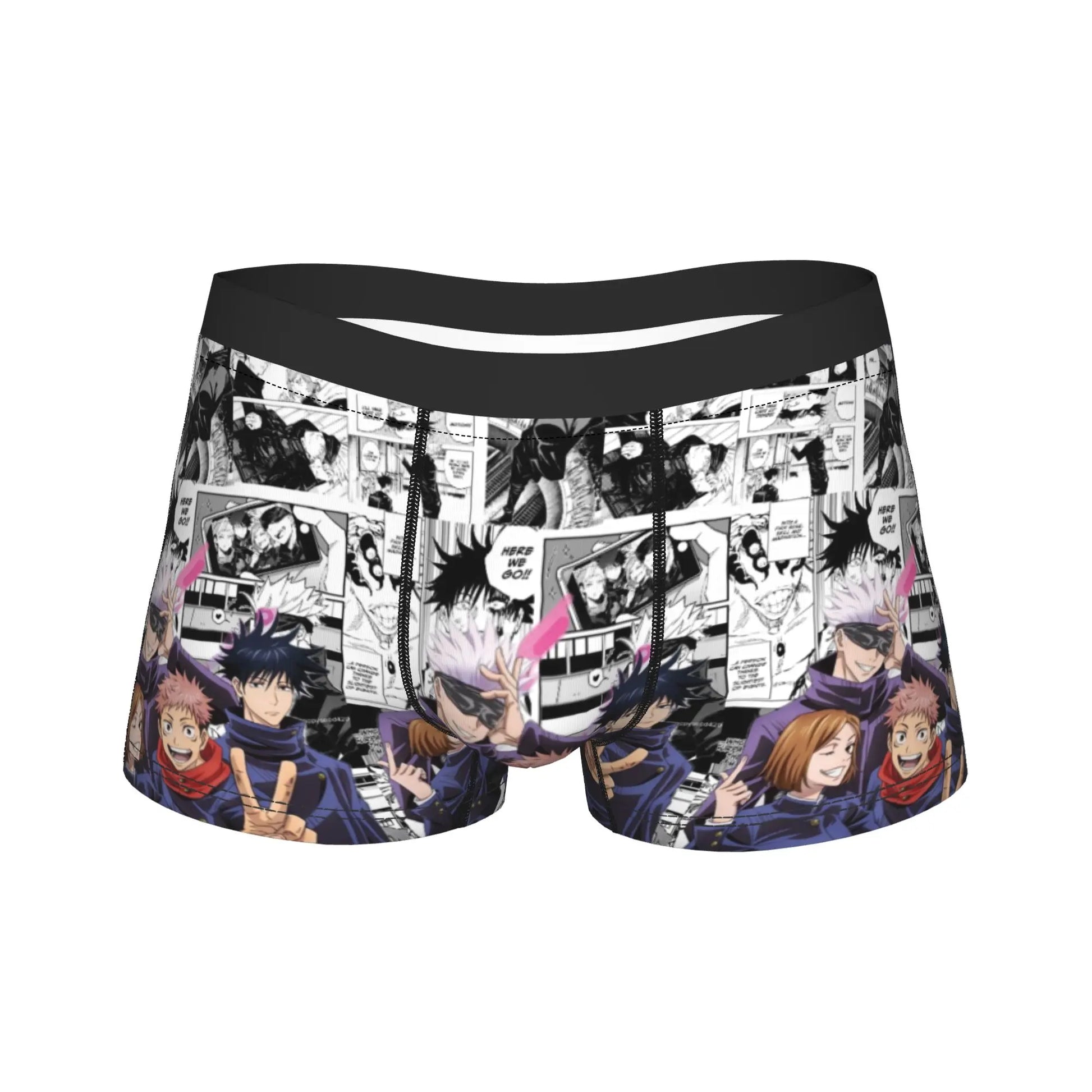Boxer court noir à imprimé manga, coupe près du corps, ceinture élastique noire.