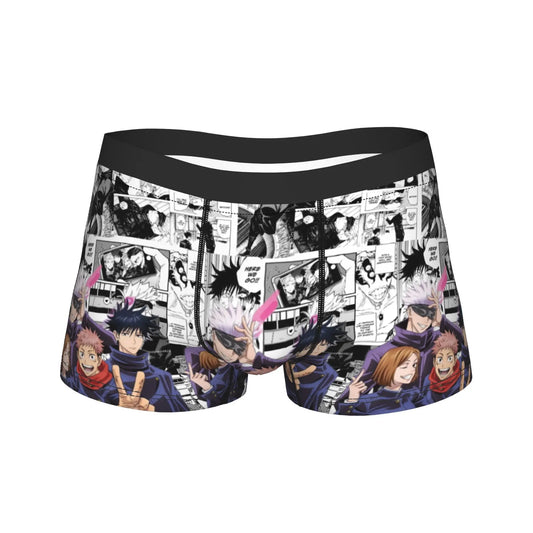 Boxer court noir à imprimé manga, coupe près du corps, ceinture élastique noire.