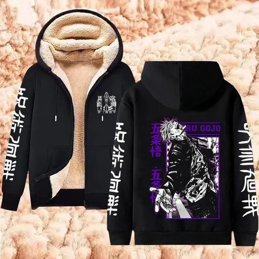 Chaqueta polar negra con capucha, cremallera, gran estampado violeta en la espalda