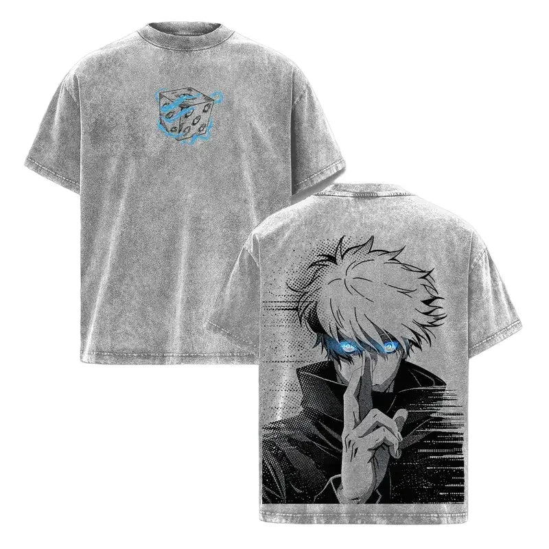 T-shirt gris Jujutsu Kaisen, motif Gojo « Six Eyes » devant et au dos.