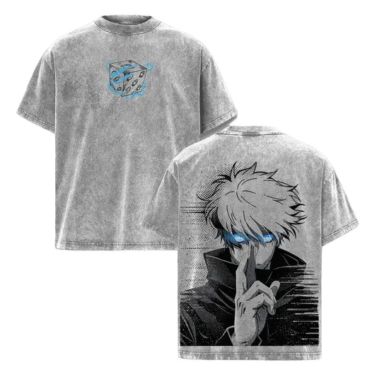 T-shirt gris Jujutsu Kaisen, motif Gojo « Six Eyes » devant et au dos.