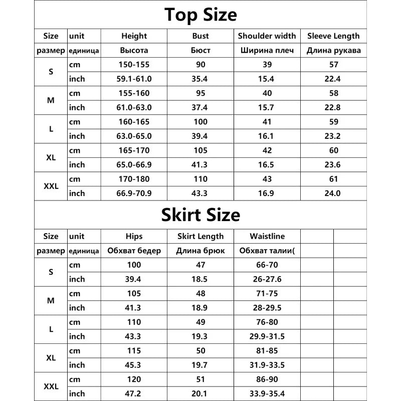 Tableau des tailles : mesures haut et jupe pour le costume cosplay