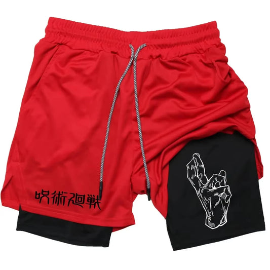 Pantalón corto rojo de cintura elástica y cordón plateado, con estampado negro en la pierna.