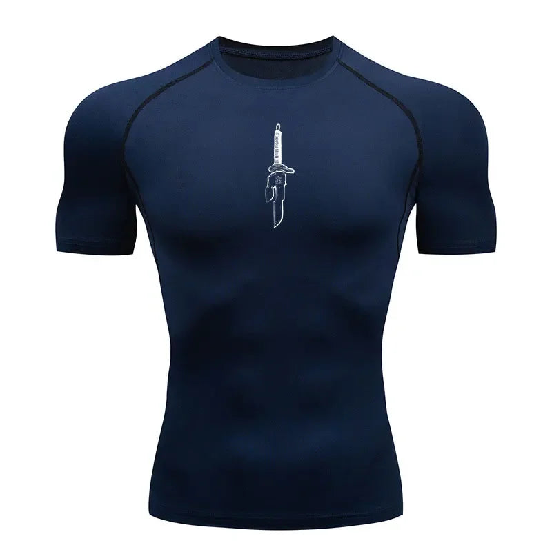 T-shirt de compression bleu marine, impression blanche d’épée verticale au centre.