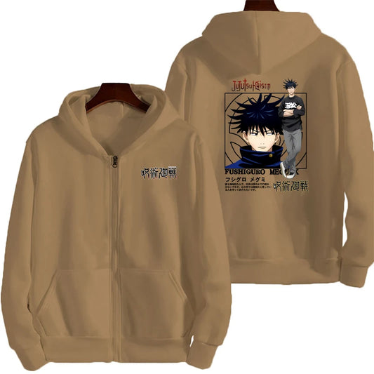 Veste à capuche zippée beige avec imprimé personnage devant et au dos