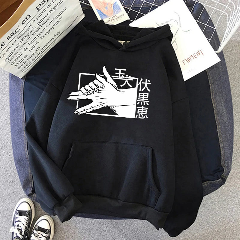 Sweat à capuche noir avec grand dessin blanc de main et caractères