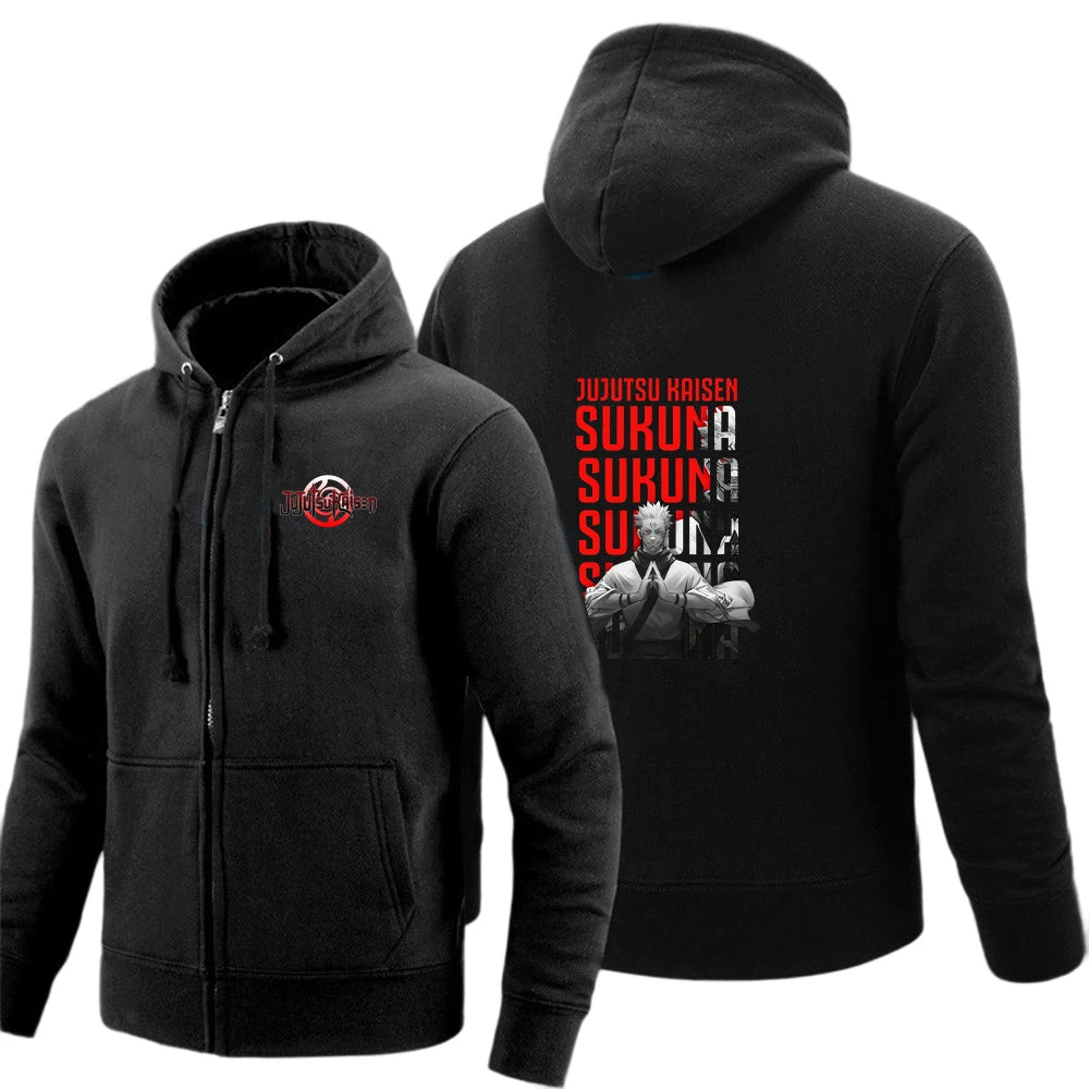 Gilet à capuche zippé noir avec poches kangourou et impression Sukuna au dos