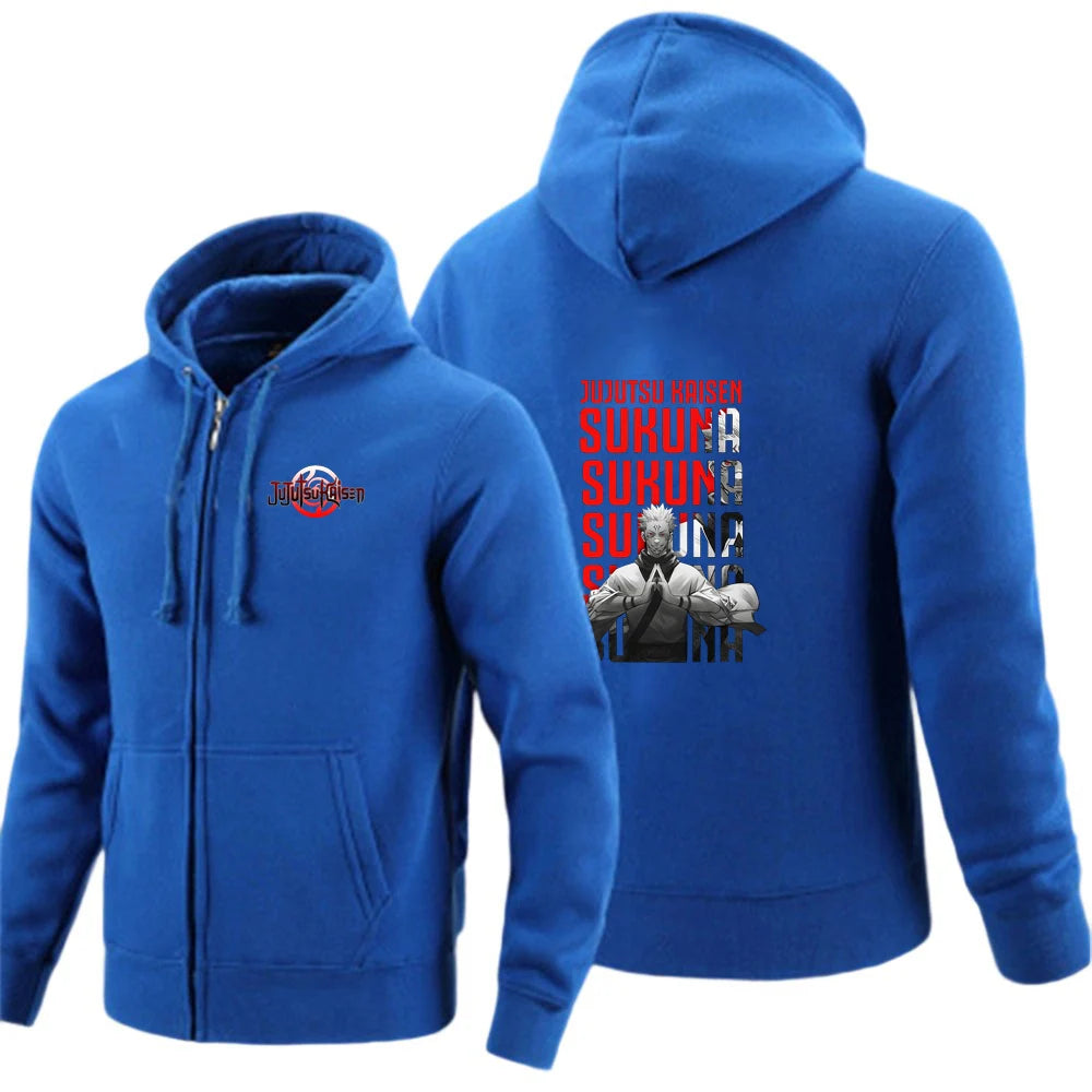 Gilet à capuche zippé bleu avec poche kangourou et grand motif au dos