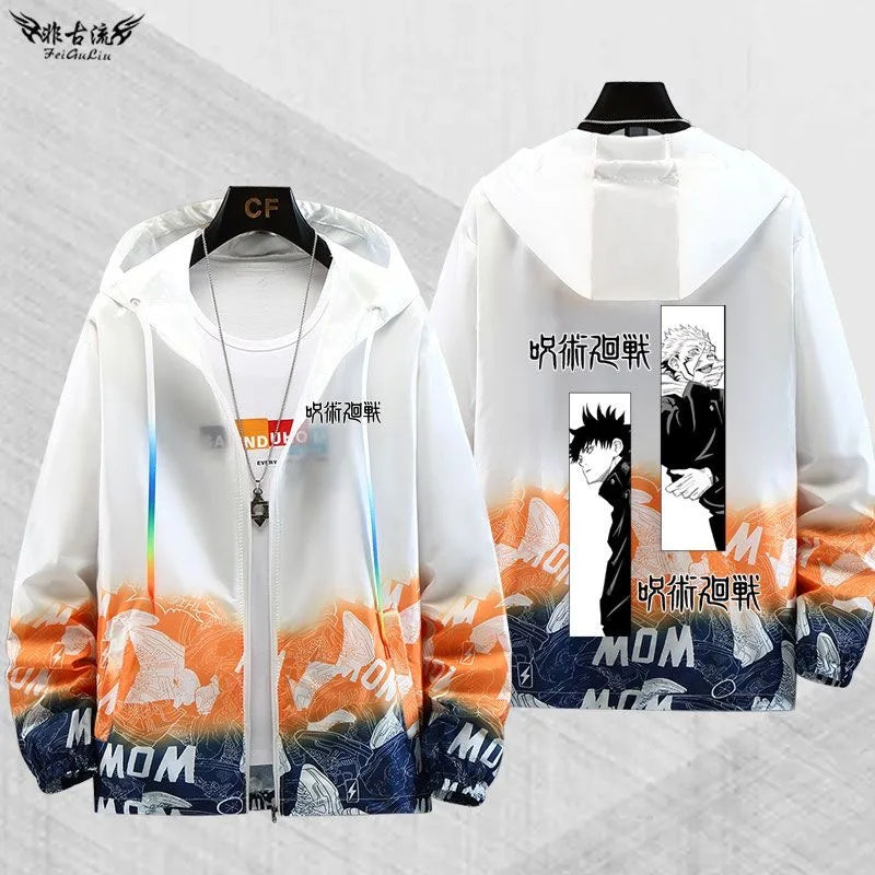 Veste à capuche zippée blanche, dos imprimé Gojo, motifs orange et bleu.