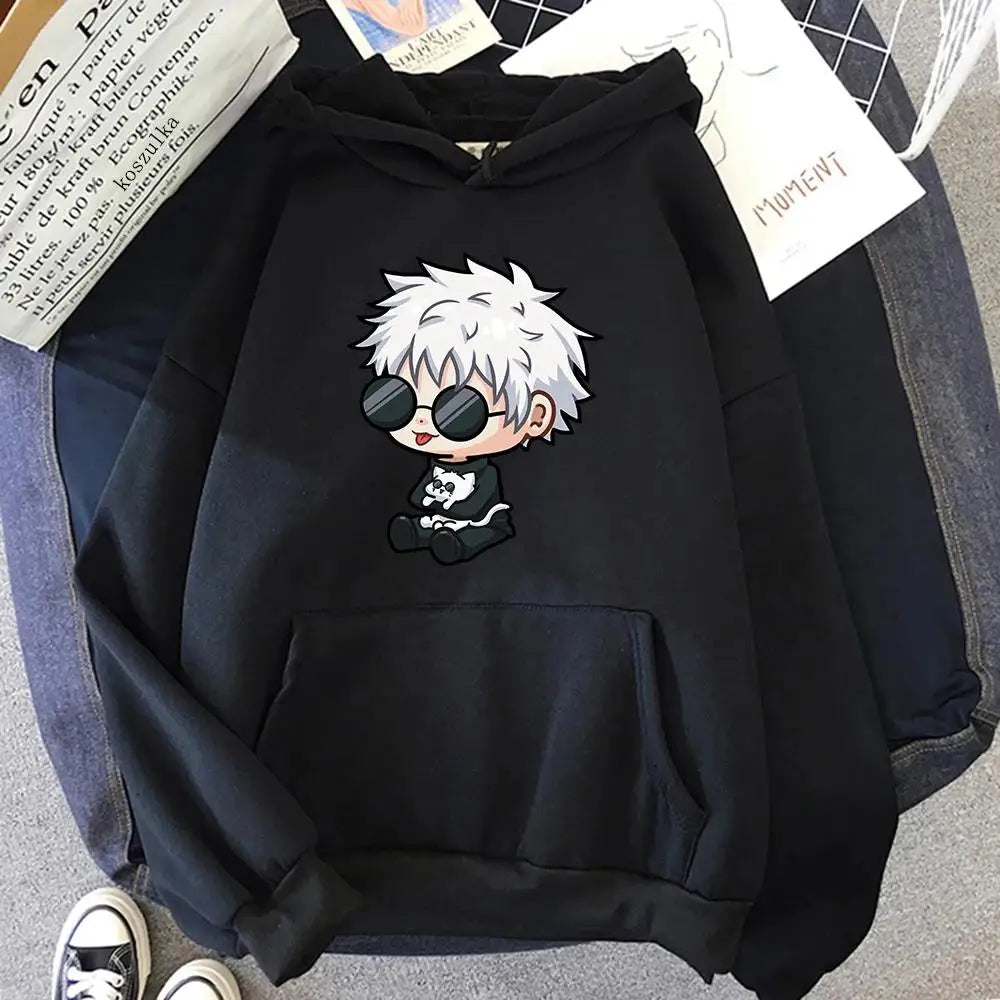 Black hooded sweatshirt with kangaroo pocket, drawstring hood, and character graphic print