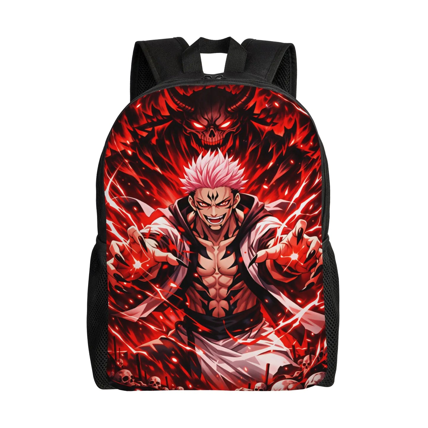 Sac à dos noir avec grand motif rouge, bretelles et poche avant.