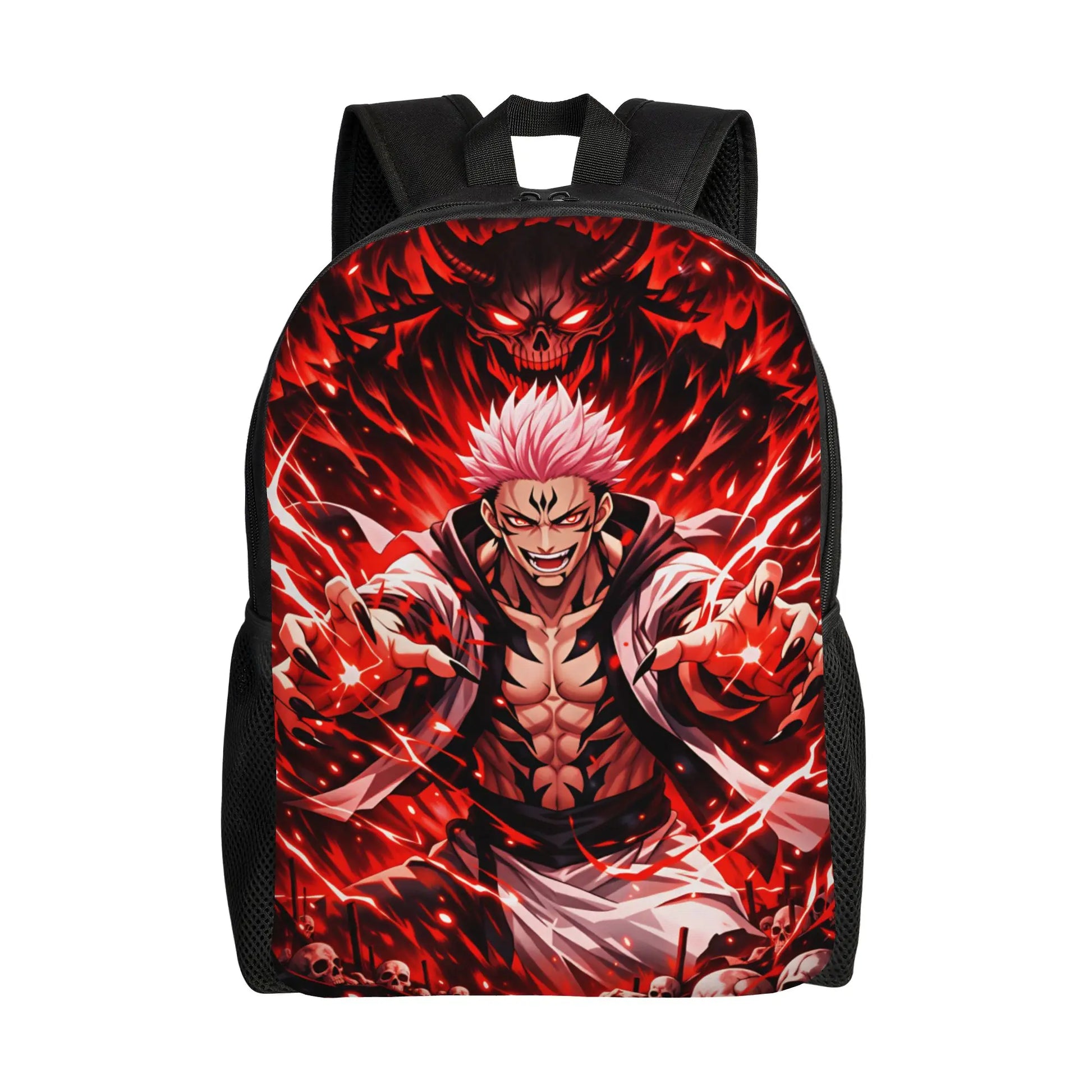 Sac à dos noir avec grand motif rouge, bretelles et poche avant.