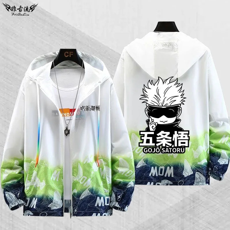 Gilet transparent Gojo Jujutsu Kaisen à capuche, arc-en-ciel et dos imprimé GOJŌ SATORU
