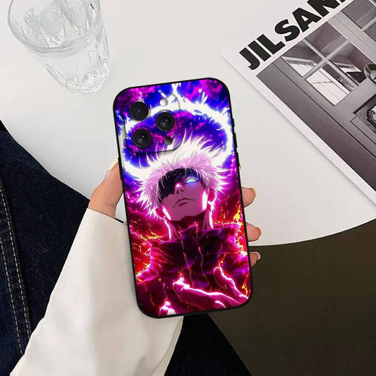 Coque iPhone violette avec Gojo Satoru, style anime et éclairs