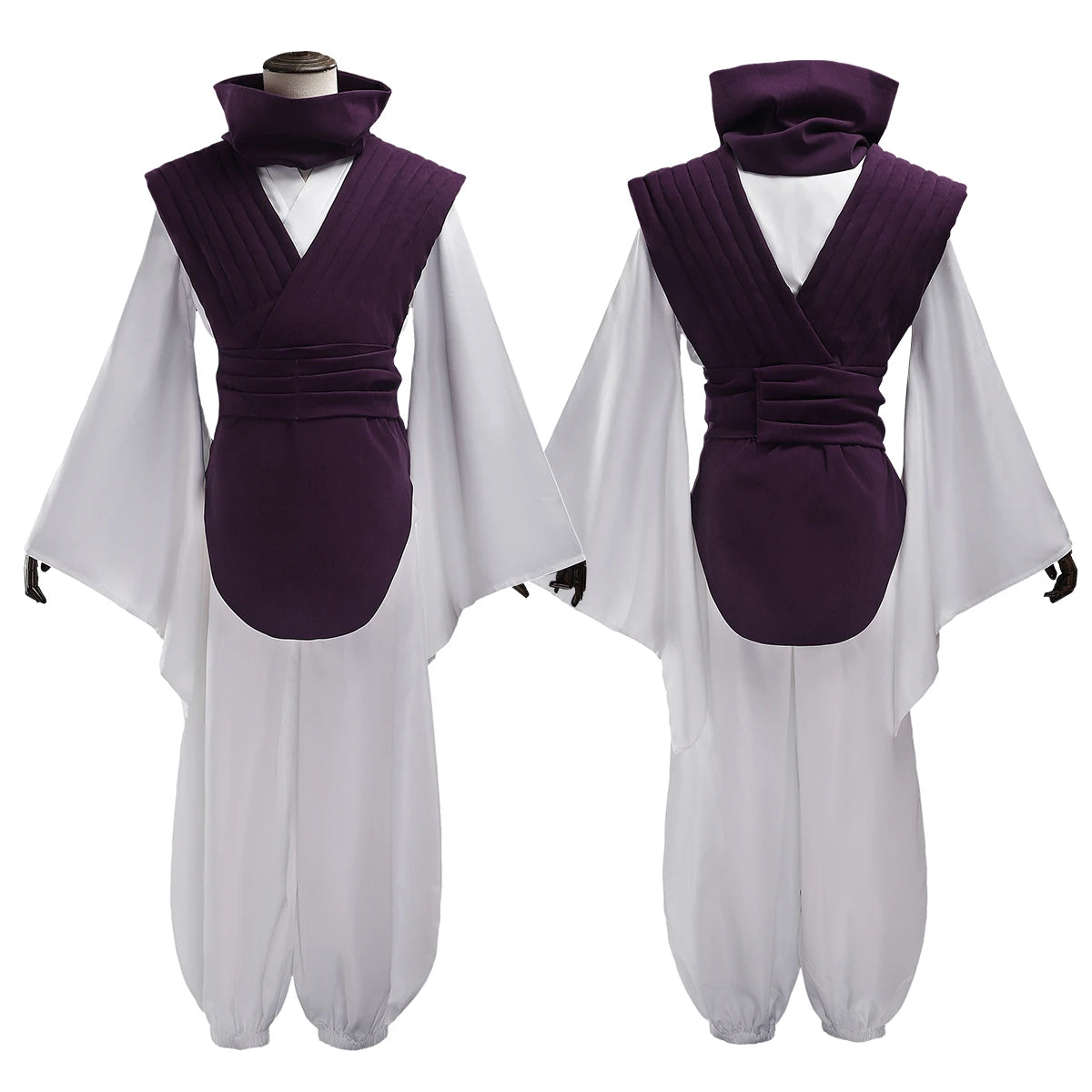 Ensemble de cosplay : gilet violet côtelé et manches blanches en kimono, tenue complète.