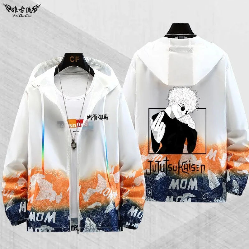 Veste à capuche zippée blanche, imprimé dos personnage, motifs orange et bleu.