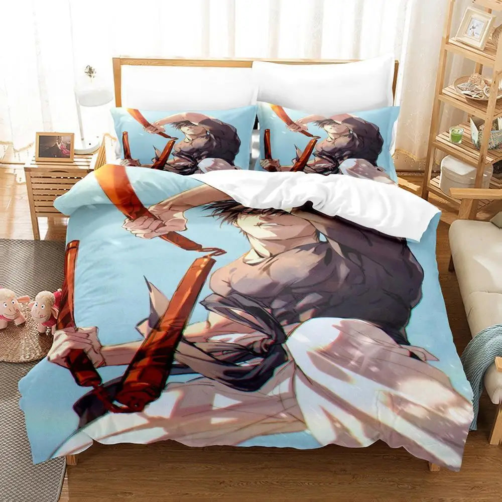 Parure de lit avec housse de couette et taies, motif anime sombre sur fond bleu clair